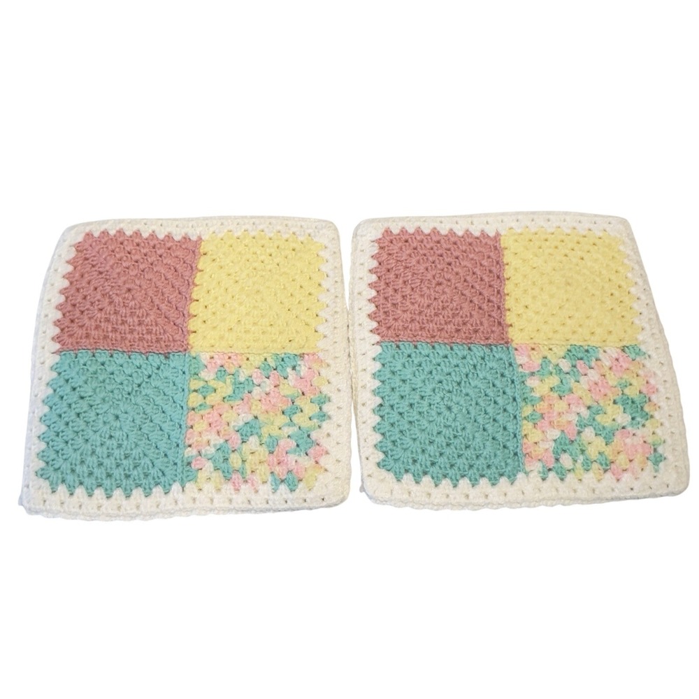 Set 2 Vtg Large Handmade Crochet Hot Pad Trivet Multicolored Thick Double Layers